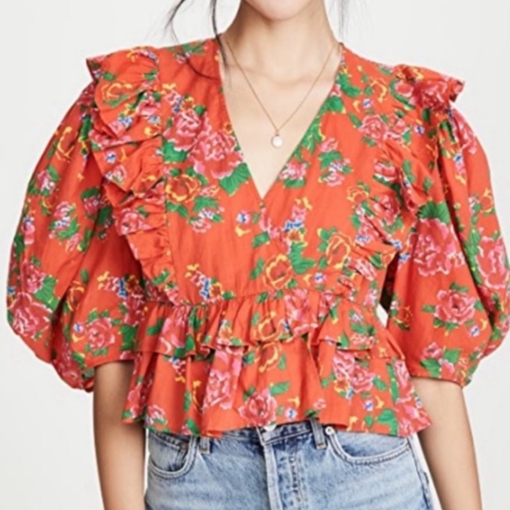 RHODE Floral Ruffle Blouse in Red and Green